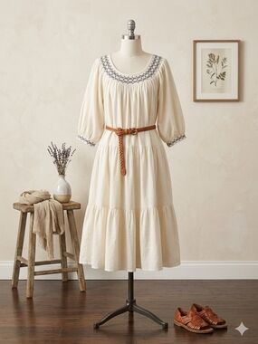 Old Navy Cream Tiered Midi Dress with Brown Braided Belt